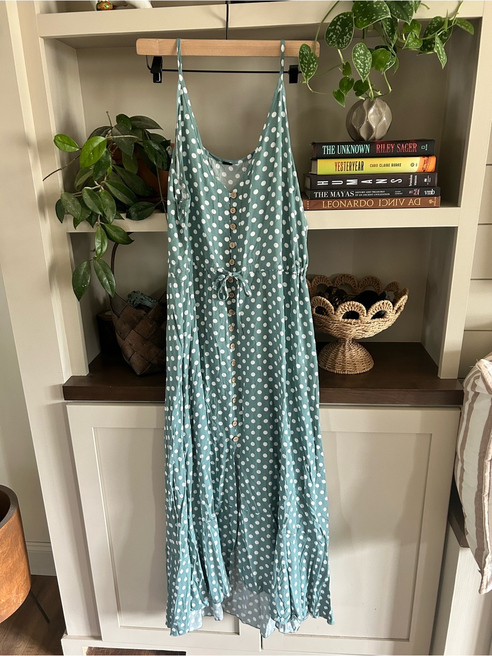Polka Dot Sage Green Maxi Dress with Buttons